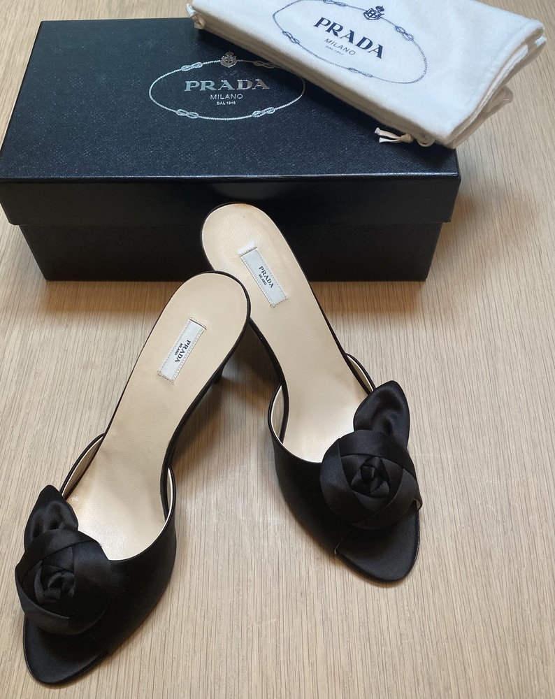 PRADA 
Black Silk Rose Studded Peep Toe Heels 10/40